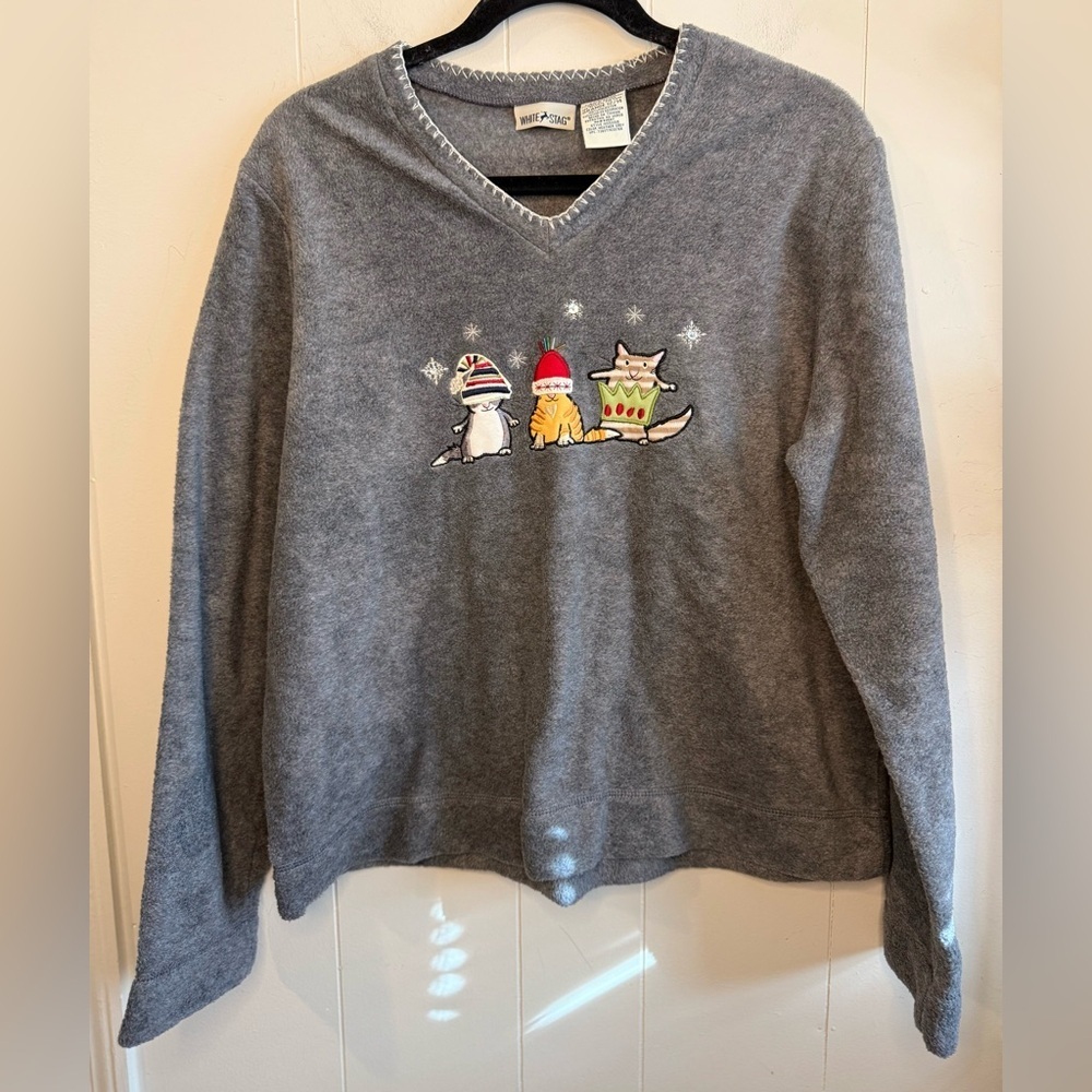 White Stag Women’s Christmas Cat Long Sleeve Fleece Pullover, Size L